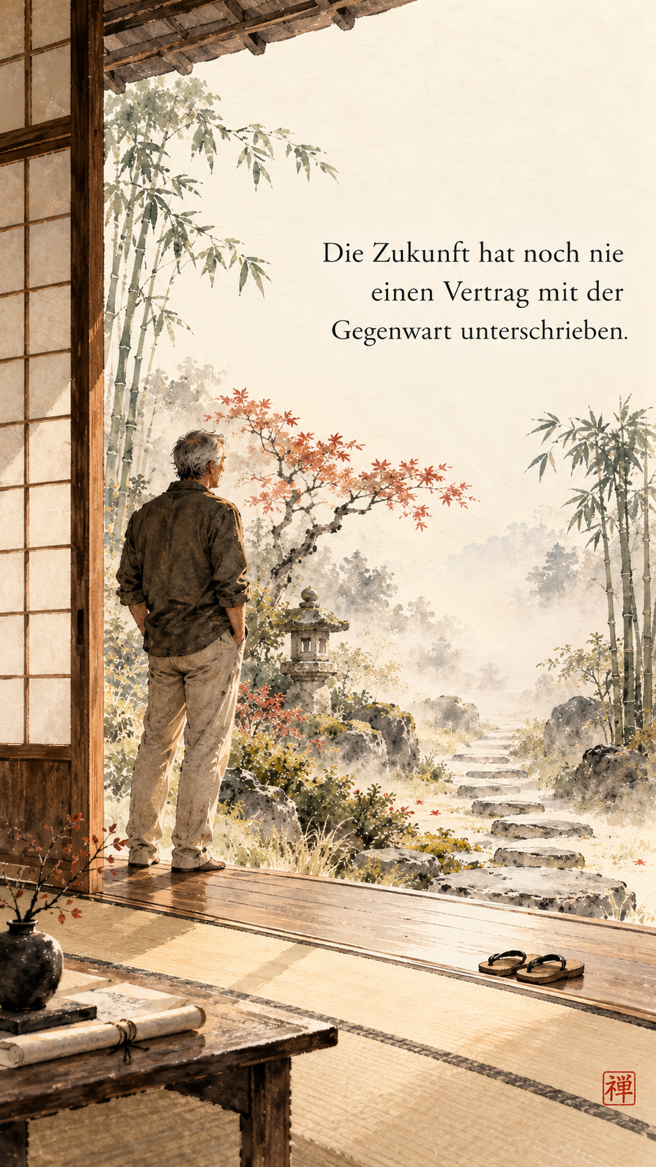 Ein Mann steht in der offenen Tür eines japanisch anmutenden Hauses mit Blick in einen Garten.