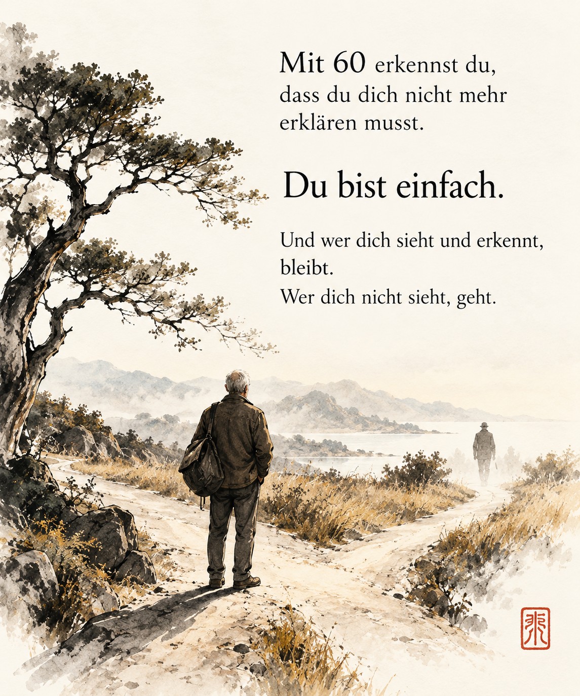 Ein Wanderer steht auf einem Weg am See; in der Ferne geht eine weitere Person.