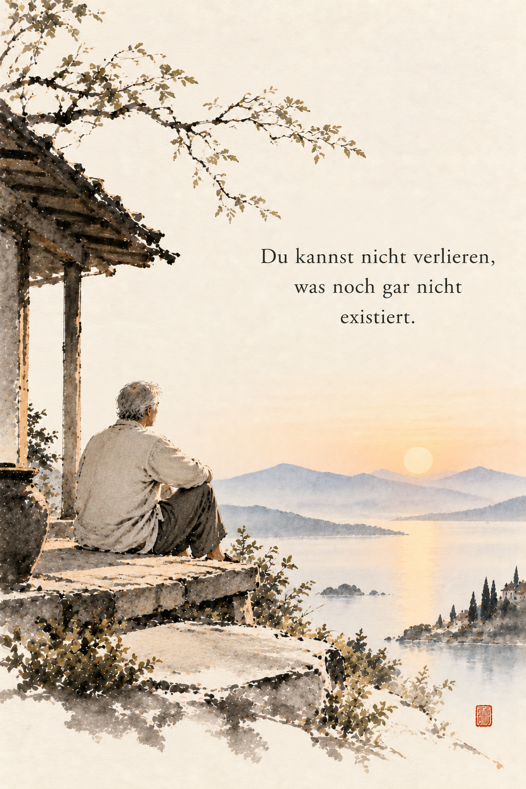 Ein Mann sitzt vor einem Haus und schaut über einen See in die Berge.