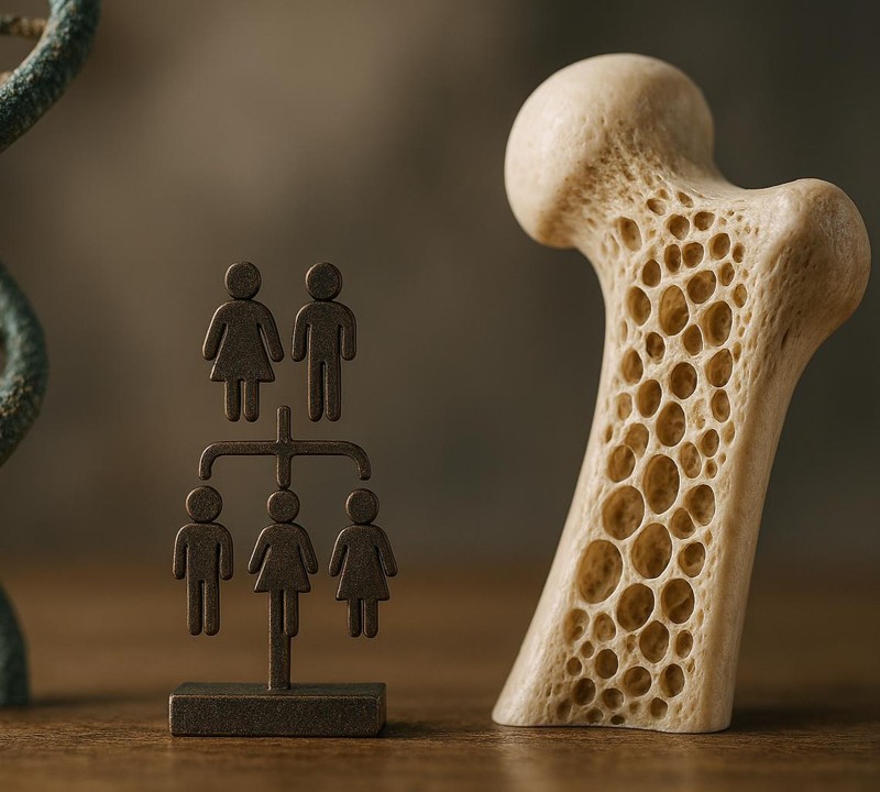 Ein angeschnittenes Knochenmodell neben einem Familienschema.