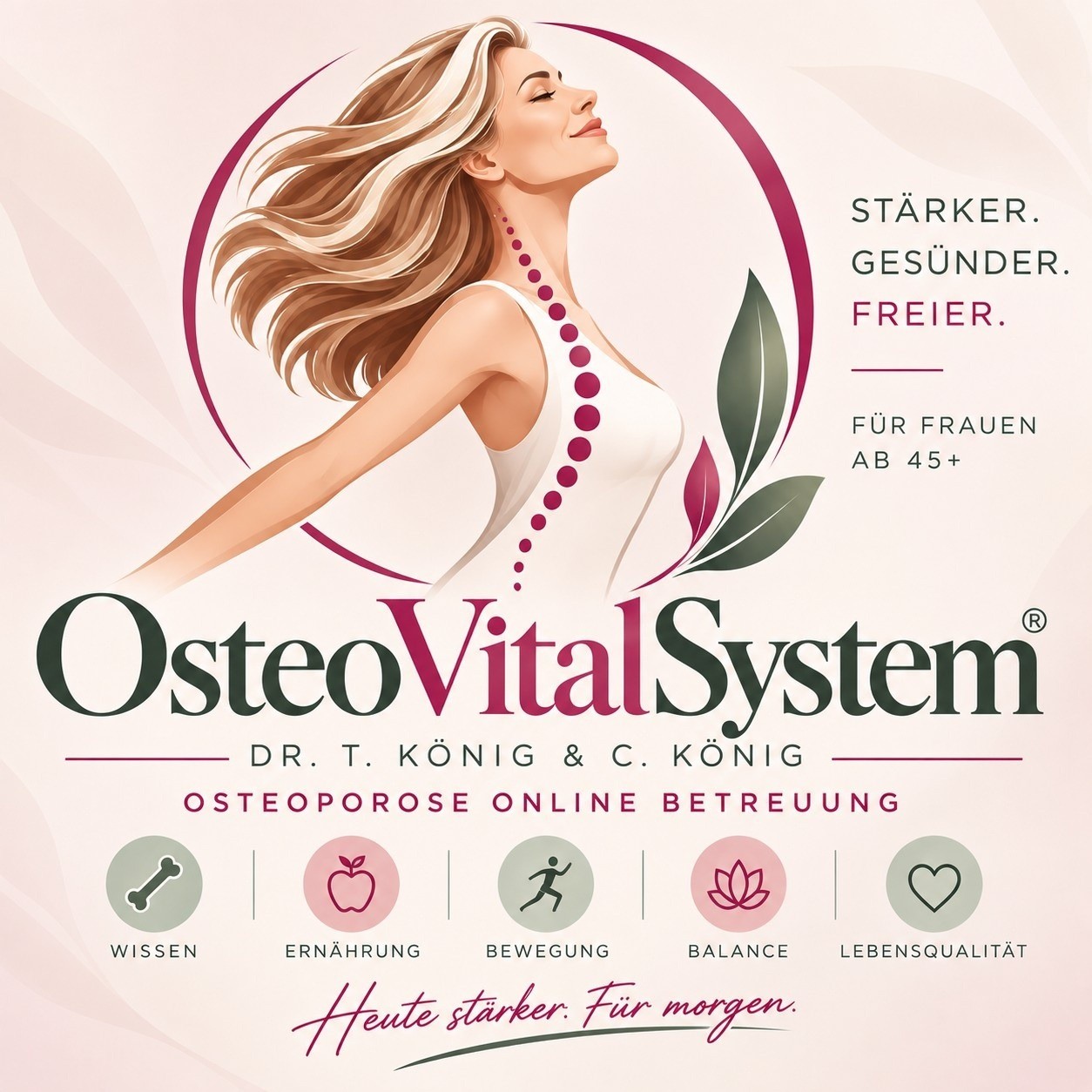 OsteoVitalSystem-Grafik mit Logo, Frau und den Themen Wissen, Ernährung, Bewegung, Balance und Lebensqualität.