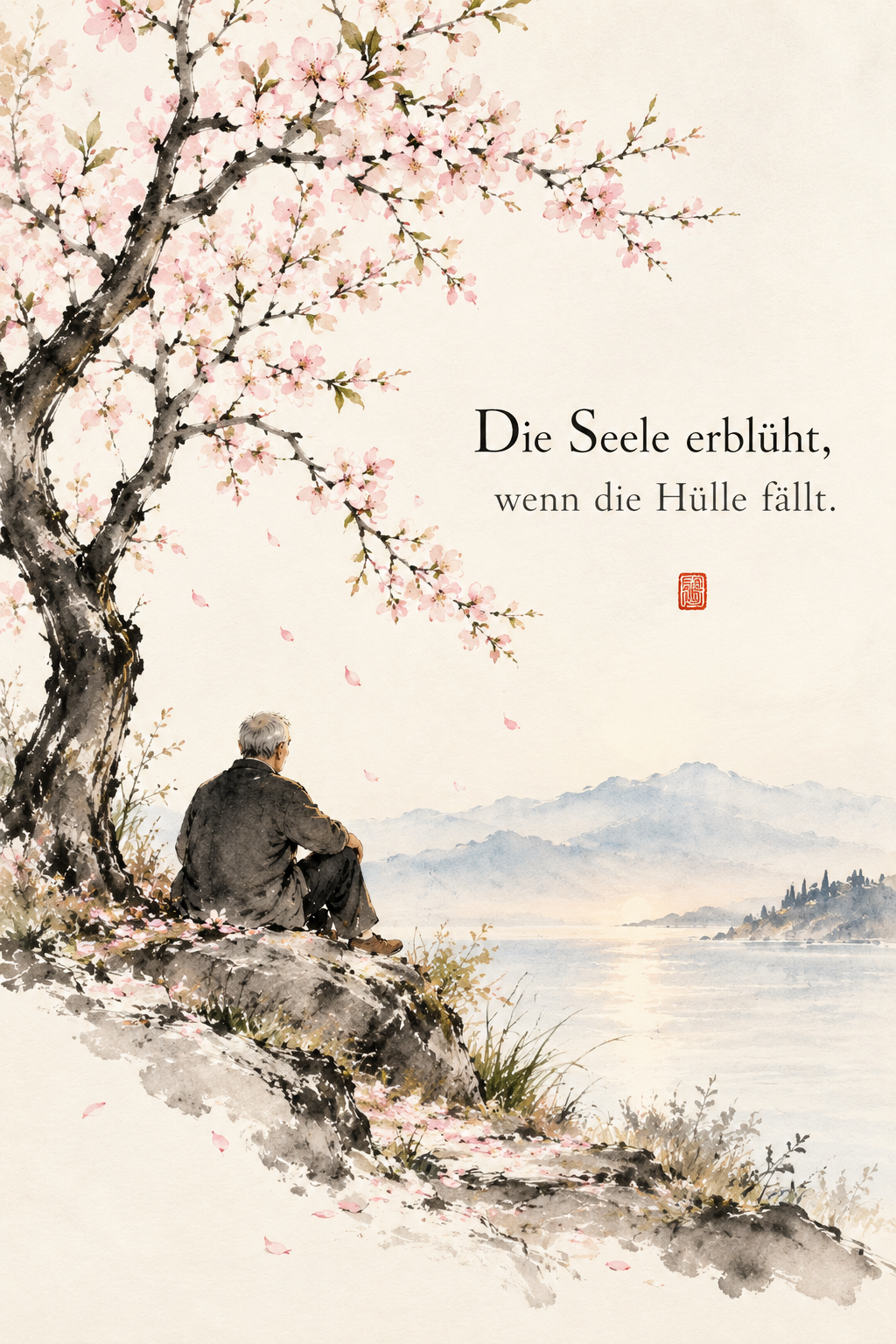 Ein Mann sitzt unter einem blühenden Baum und blickt auf einen See.