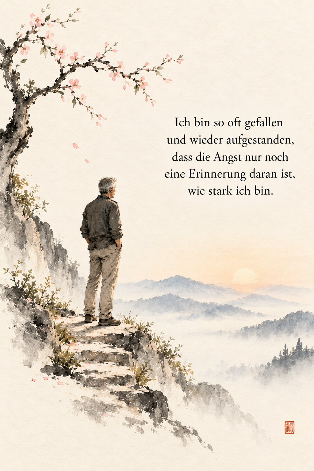 Ein Wanderer blickt von einem Felsvorsprung über Berge im Nebel.